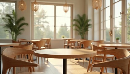 Fototapeta premium Modern minimalist cafe interior design, wooden furniture tables and chairs. Empty room, sunlight through window. Airy, clean, inviting space. Cafe shop decor.