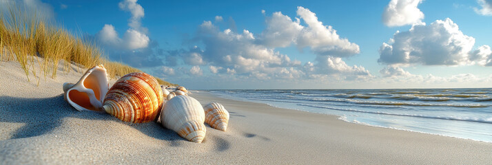 In summer, the sandy beach with scattered shell fragments forms a picturesque coastal scene, offering wide copy space for designs, advertisements, or seasonal creative visuals