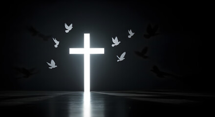 Naklejka premium A glowing white cross stands against a dark background, with its light casting shadows of doves in graceful flight