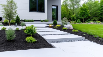 Obraz premium A modern walkway of light gray concrete slabs leads to a house. Landscaping includes dark mulch, small shrubs, and gravel. The high-resolution image uses natural lighting. The style is minimalist a