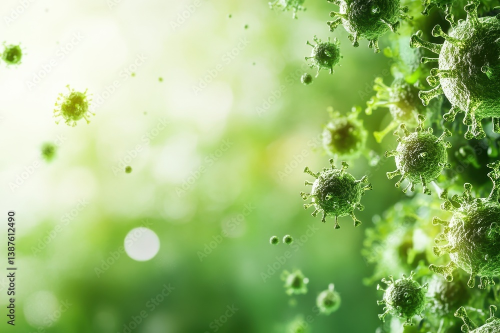 Poster microscopic view of viruses in a green environment illustrating cellular structures