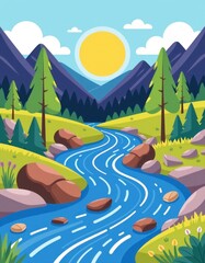 Obraz premium Serene Mountain River Landscape Sunny Day Winding Stream Rocks Trees