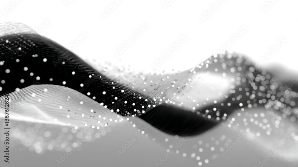 Poster abstract monochrome image of a wavy surface with small white dots scattered across its surface area