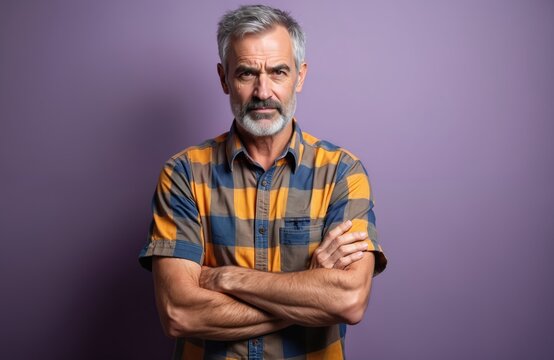 Serious elderly man with gray hair arms crossed. Attractive hoary person wears casual colorful shirt. Isolated purple background. Skeptic nervous disapproving expression.
