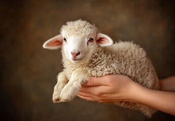 Fototapeta premium Person holding a fluffy white lamb gently in their hands. 
