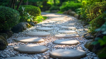 Naklejka premium Tranquil Japanese garden path with pebbles and verdant surroundings