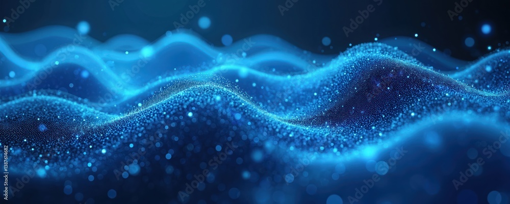 Poster Abstract futuristic technology background digital waves glowing lights. Blue, dark colors. Sci-fi tech pattern with bokeh. Digital information network and data streams. Modern art visual design.