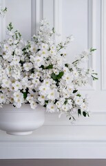 Fototapeta premium Elegant white floral centerpiece, window backdrop, wedding reception isolated background 