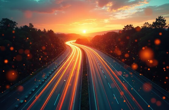 Fototapeta Highway with light trails at sunset. Fast transportation, global network, digital data flow, future tech, speed. Concept of modern logistics, innovation, cyberspace, connection, smart city,