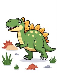 Fototapeta premium Adorable Cartoon Stegosaurus Dinosaur Illustration with Baby Dino and Plants