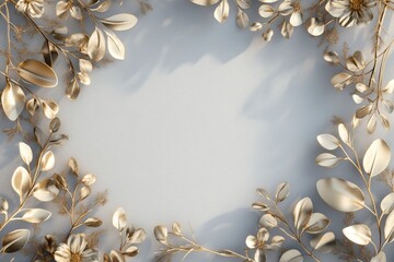 Elegant Gold Flower and Leaf Frame with Light Gray Background Texture