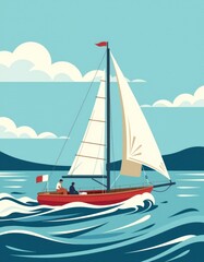 Sailboat Adventure Two Sailors Navigating Ocean Waves Under a Sunny Sky