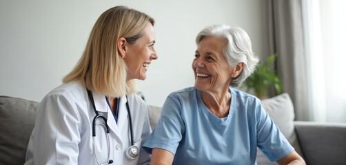 Happy senior woman consults doctor at home. Smiling female doctor listens, offers support to elderly patient. Healthcare, medical assistance concept. Geriatric medicine, healthcare worker, home visit.