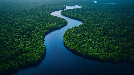 Amazon River Aerial View: An enchanting aerial perspective of the Amazon River winding its way through a vibrant expanse of lush, green rainforest, an epitome of natural grandeur. 