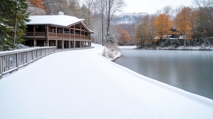 Obraz premium A wooden cabin overlooking a serene lake surrounded by snow-covered landscape, winter setting with bare trees and distant mountains, and peaceful retreat concept.