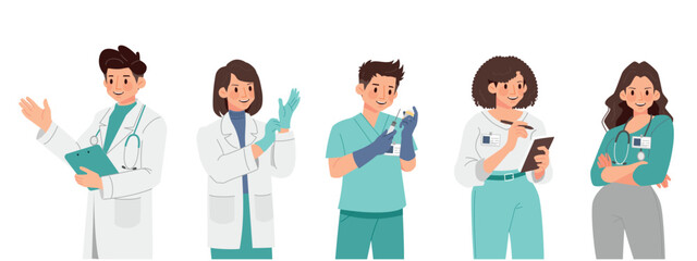Set of male and female doctors with kind face and good action. Flat vector style characters. Healthcare field.