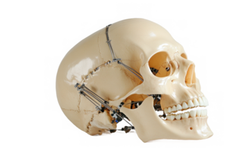 Human skull anatomical model, side view, isolated with detailed features and textures