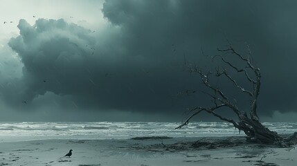 Dark Clouds Over Stormy Beach with Dead Tree and Bird Silhouette