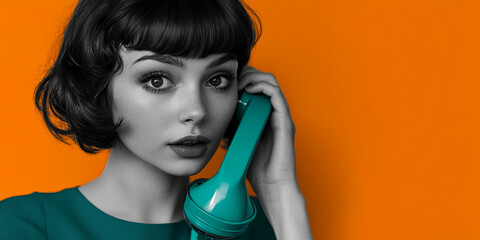 Woman with short dark hair, in a teal dress, holds a teal vintage phone to her ear against an orange background, showcasing a retro style and communication concept