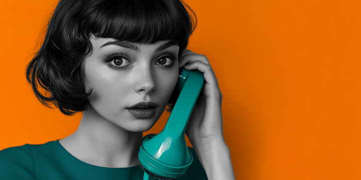 Woman with short dark hair, in a teal dress, holds a teal vintage phone to her ear against an orange background, showcasing a retro style and communication concept