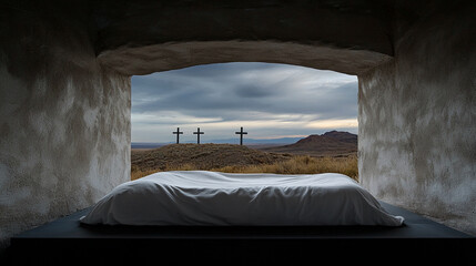 White linen on a dark platform, viewed through an arched window framing three crosses on a distant hill under a cloudy sky.  Represents peace, contemplation, or spiritual reflection