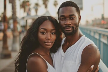 Fototapeta premium Portrait of a young African American couple on the boardwalk in Los Angeles