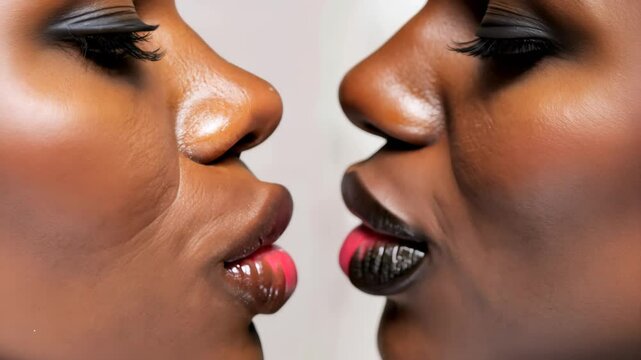 closeup on mouth of two women kissing with lips
