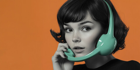 Young woman with short dark hair, holding a teal retro telephone receiver, against an orange background.  Image evokes 1960s style and communication concepts