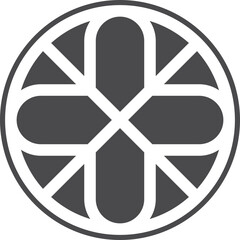 Gothic circle rose window with medieval ornament. Cathedral rosette. Christian architecture element with stained glass. Radial frame.