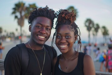Portrait of a young African American couple on the boardwalk in Los Angeles