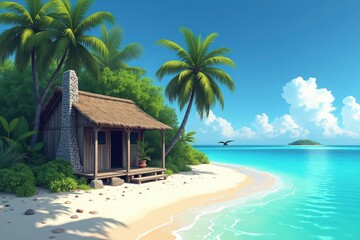 A serene tropical island paradise with rustic weather
