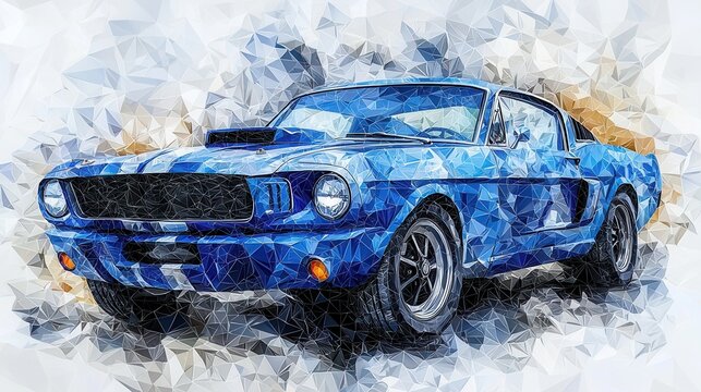 Naklejki A vibrant low poly illustration showcases a classic blue muscle car, its bold lines and powerful stance highlighted by a striking geometric design creating a modern artistic