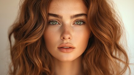 Naklejka premium Freckled woman with natural makeup and voluminous auburn curls looking directly at the camera