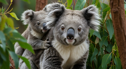 Obraz premium A close-up of a mother koala with a joey on its back, amidst vibrant green leaf