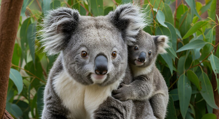 Fototapeta premium A close-up of a mother koala with a joey on its back