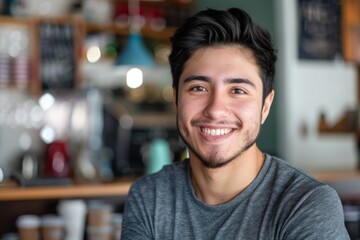Obraz premium Portrait of a smiling young hispanic man in a coffee shop