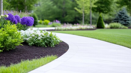 Curving Garden Path Lush Flowers and Greenery Bright Natural Style High-Definition Sunlight Wide Landscape View Mulched Edging Peaceful Relaxation Serene Backyard Bright Green Landscaping