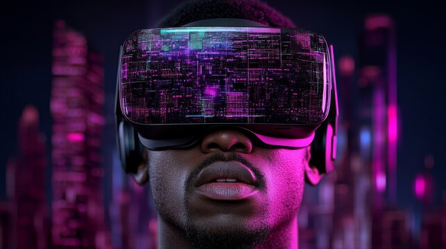 a man wearing a virtual reality headset, immersed in a digital environment with colorful glitch effects
 - Powered by Adobe