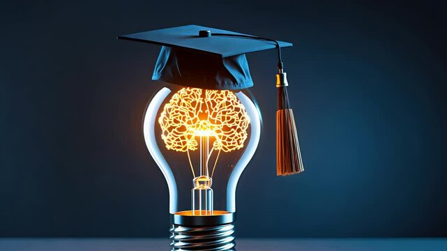 Creative concept of glowing brain inside a light bulb wearing a graduation cap on dark background representing knowledge and innovation

