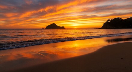 Golden Beach Sunset with Island and Fiery Sky Reflection Landscape