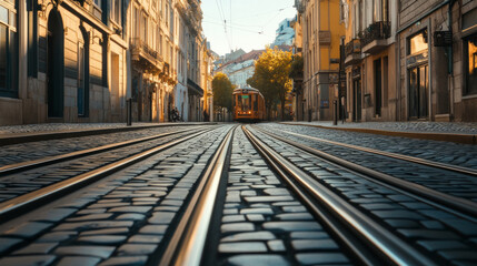 Obraz premium This image showcases tram rails on an urban road with a building facade in the background. AI generative