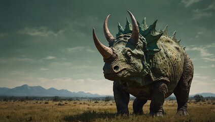 Fototapeta premium Standing Dinosaur in Open Field with Distant Mountains and Cloudy Sky