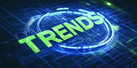 Green "Trends" word in a glowing blue circle on a digital grid background, representing technological advancement, innovation, and future progress in business