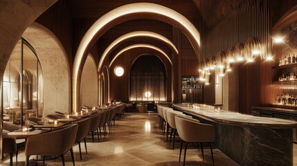 Modern Restaurant Bar Interior, Elegant Dining Area, Warm Lighting, Interior Design, Stock Photo