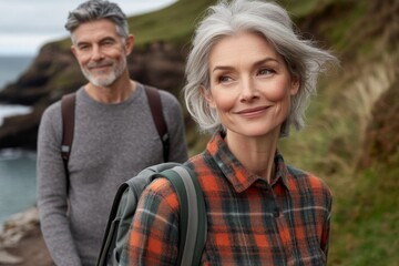 Fototapeta premium Mature couple with backpacks enjoys hiking outdoors near a coastal view. 
