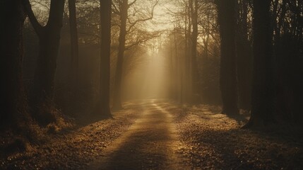 Fototapeta premium Golden sunlight illuminates a tranquil forest path, evoking peace and natural harmony.