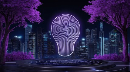 A giant fingerprint scanning into a glowing financial system, symbolizing secure access
