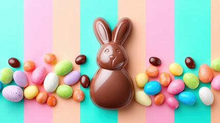 Fototapeta premium Chocolate Easter bunny surrounded by colorful candies on pastel background