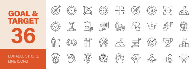Goal Target icon set. Containing success, achievement, mission, winner, medal, reward, aim, trophy, focus and more. Editable line icons. Vector illustration.