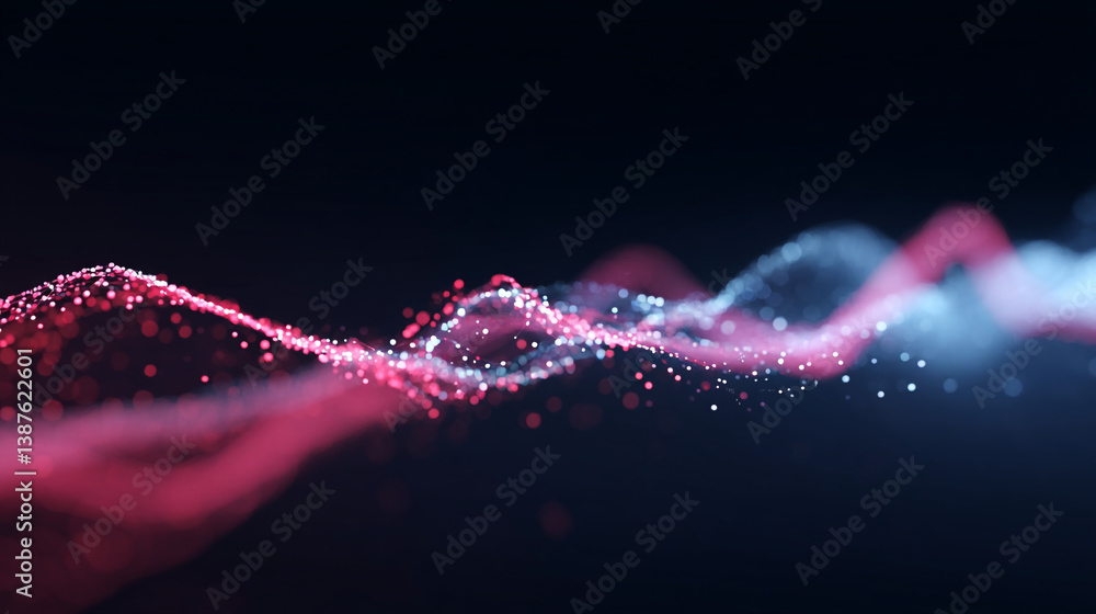 Poster abstract wave of particles in red and blue against a dark background with bokeh effect